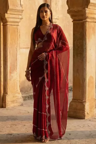 Maroon embellished beads and stones satin heavy work saree with blouse 