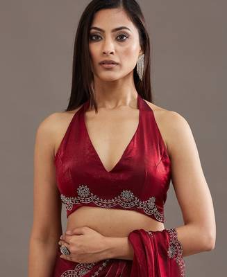 Maroon embellished beads and stones satin heavy work saree with blouse  6
