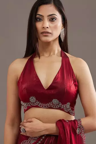 Maroon embellished beads and stones satin heavy work saree with blouse 