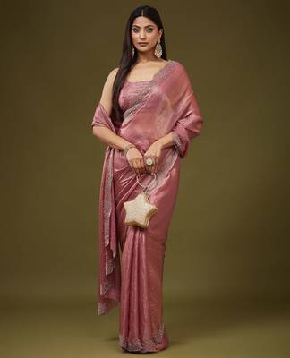 Rose embellished embroidered silk blend heavy work saree with blouse  2