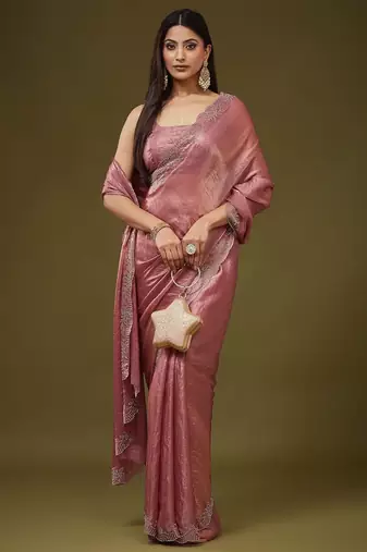 Rose embellished embroidered silk blend heavy work saree with blouse 