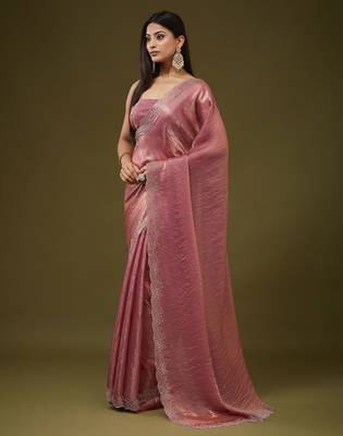 Rose embellished embroidered silk blend heavy work saree with blouse  3
