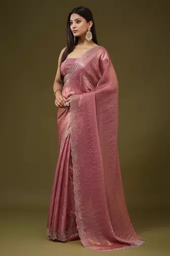 Rose embellished embroidered silk blend heavy work saree with blouse 
