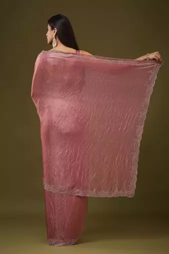 Rose embellished embroidered silk blend heavy work saree with blouse 