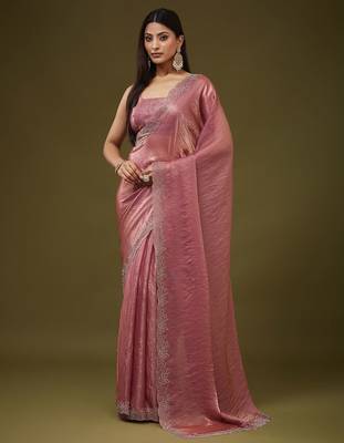 Rose embellished embroidered silk blend heavy work saree with blouse  5