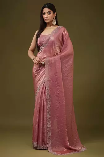 Rose embellished embroidered silk blend heavy work saree with blouse 