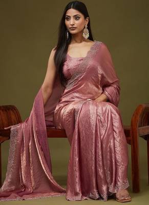 Rose embellished embroidered silk blend heavy work saree with blouse  6