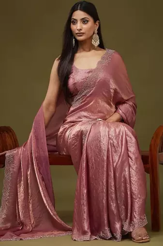 Rose embellished embroidered silk blend heavy work saree with blouse 