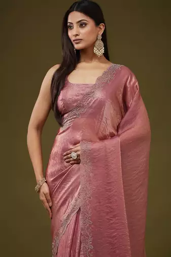 Rose embellished embroidered silk blend heavy work saree with blouse 