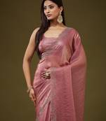 Rose embellished embroidered silk blend heavy work saree with blouse 
