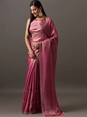 Magenta embellished zari silk blend saree with blouse with blouse  4