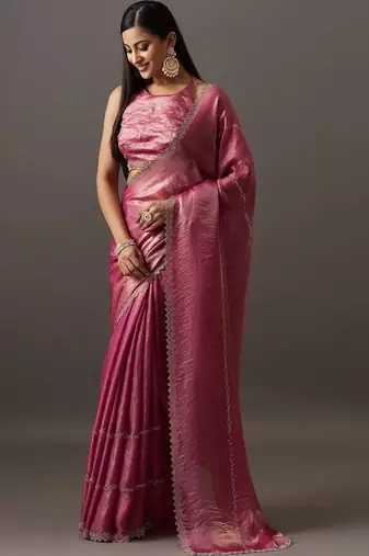 Magenta embellished zari silk blend saree with blouse with blouse 