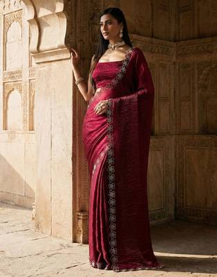 Maroon embellished sequinned satin heavy work saree with blouse  2
