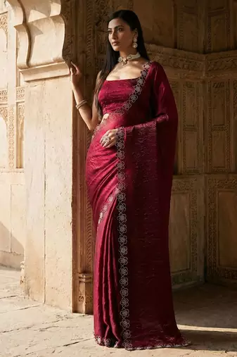 Maroon embellished sequinned satin heavy work saree with blouse 