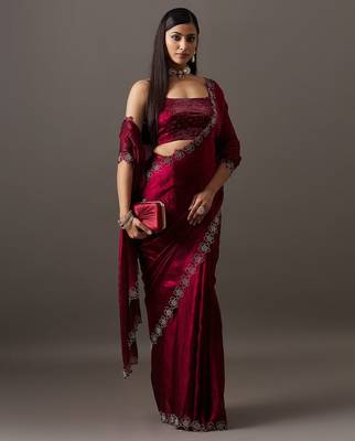 Maroon embellished sequinned satin heavy work saree with blouse  3