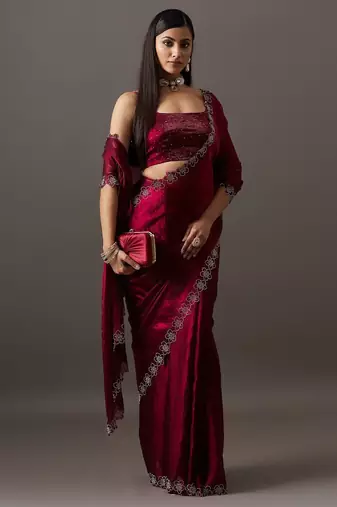 Maroon embellished sequinned satin heavy work saree with blouse 