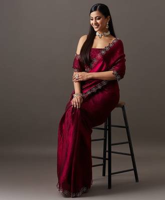 Maroon embellished sequinned satin heavy work saree with blouse  4