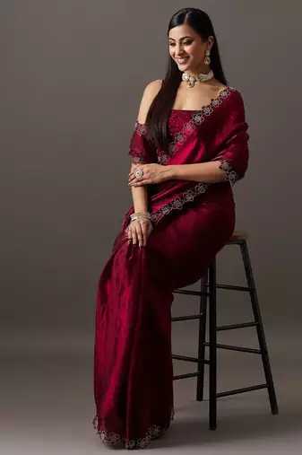Maroon embellished sequinned satin heavy work saree with blouse 