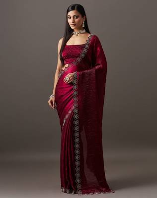 Maroon embellished sequinned satin heavy work saree with blouse  5