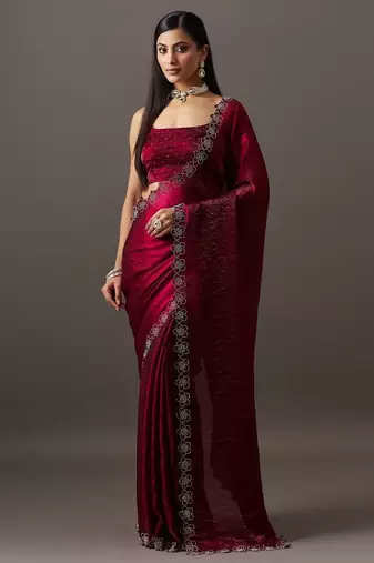 Maroon embellished sequinned satin heavy work saree with blouse 