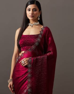 Maroon embellished sequinned satin heavy work saree with blouse  1