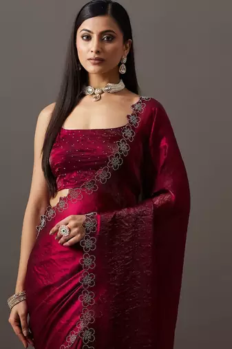 Maroon embellished sequinned satin heavy work saree with blouse 