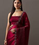 Maroon embellished sequinned satin heavy work saree with blouse 