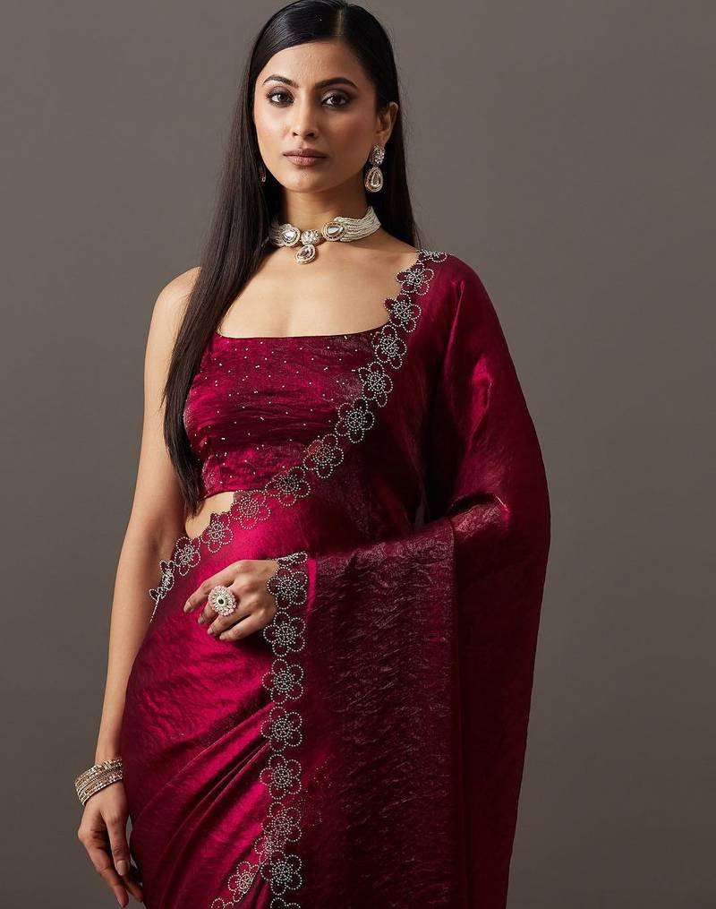 Maroon embellished sequinned satin heavy work saree with blouse 