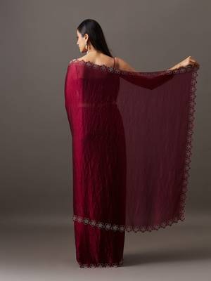 Maroon embellished sequinned satin heavy work saree with blouse  6