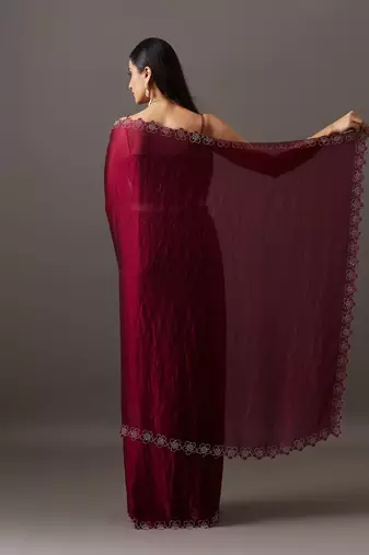 Maroon embellished sequinned satin heavy work saree with blouse 