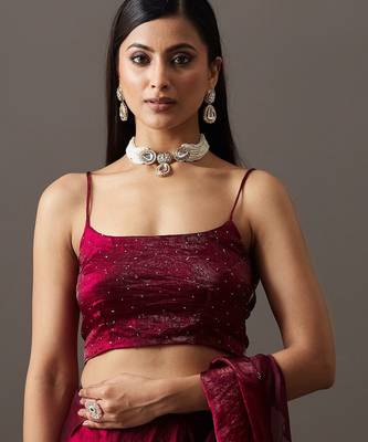 Maroon embellished sequinned satin heavy work saree with blouse  7