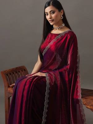 Maroon embellished beads and stones satin heavy work saree with blouse  2