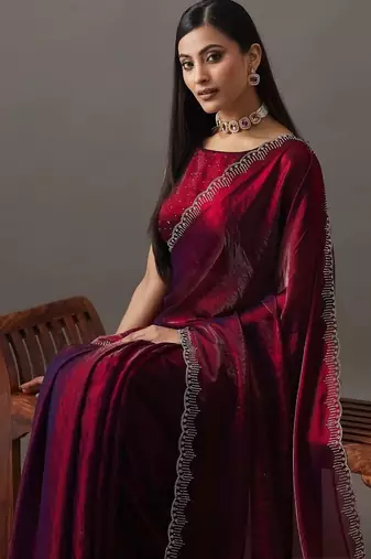 Maroon embellished beads and stones satin heavy work saree with blouse 