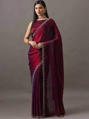 Maroon embellished beads and stones satin heavy work saree with blouse  3