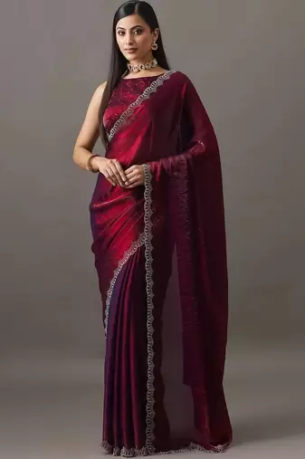 Maroon embellished beads and stones satin heavy work saree with blouse 