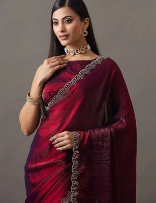 Maroon embellished beads and stones satin heavy work saree with blouse  1
