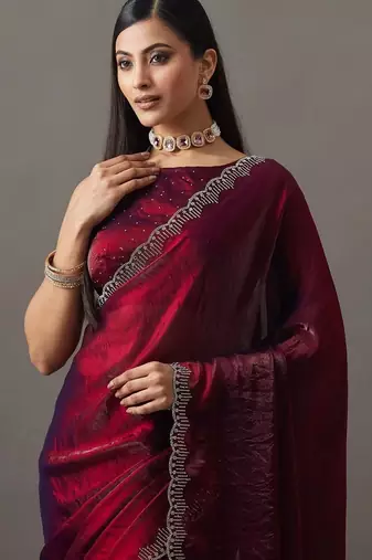 Maroon embellished beads and stones satin heavy work saree with blouse 