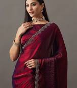 Maroon embellished beads and stones satin heavy work saree with blouse 