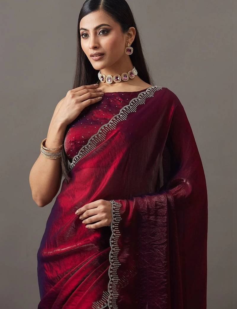 Maroon embellished beads and stones satin heavy work saree with blouse 