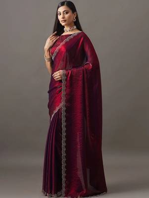 Maroon embellished beads and stones satin heavy work saree with blouse  4