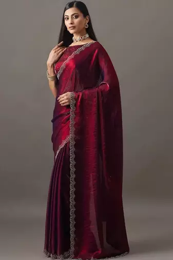 Maroon embellished beads and stones satin heavy work saree with blouse 