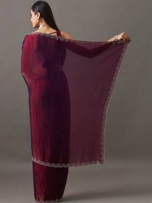 Maroon embellished beads and stones satin heavy work saree with blouse  5