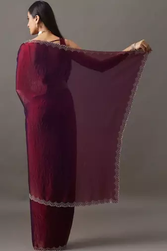 Maroon embellished beads and stones satin heavy work saree with blouse 