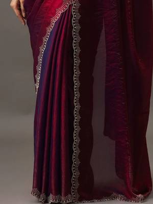 Maroon embellished beads and stones satin heavy work saree with blouse  6