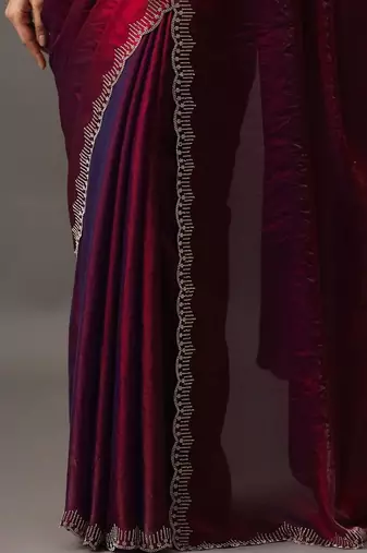 Maroon embellished beads and stones satin heavy work saree with blouse 