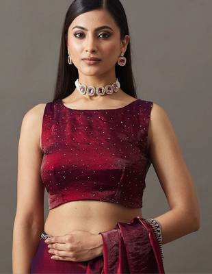 Maroon embellished beads and stones satin heavy work saree with blouse  7