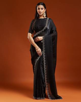 Black embellished sequinned satin heavy work saree with blouse  2