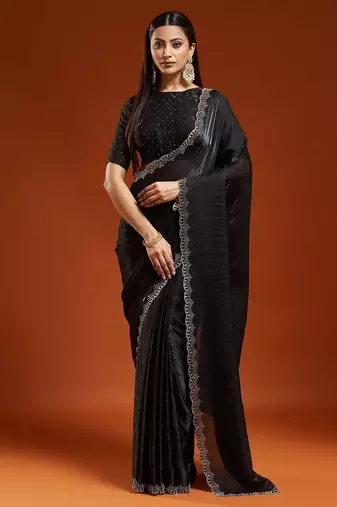 Black embellished sequinned satin heavy work saree with blouse 
