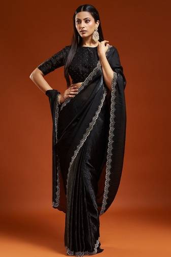 Black embellished sequinned satin heavy work saree with blouse 