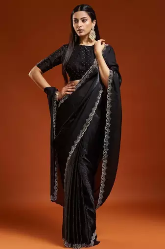 Black embellished sequinned satin heavy work saree with blouse 
